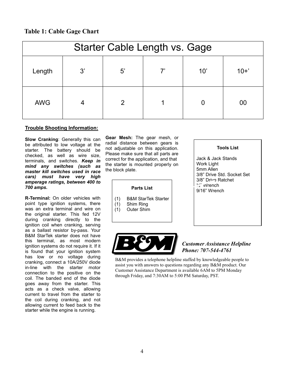 Starter cable length vs. gage, Table 1: cable gage chart | B&M 77103 Startek Starter, Ford Big Block FE, 390, 427, 428 User Manual | Page 4 / 4
