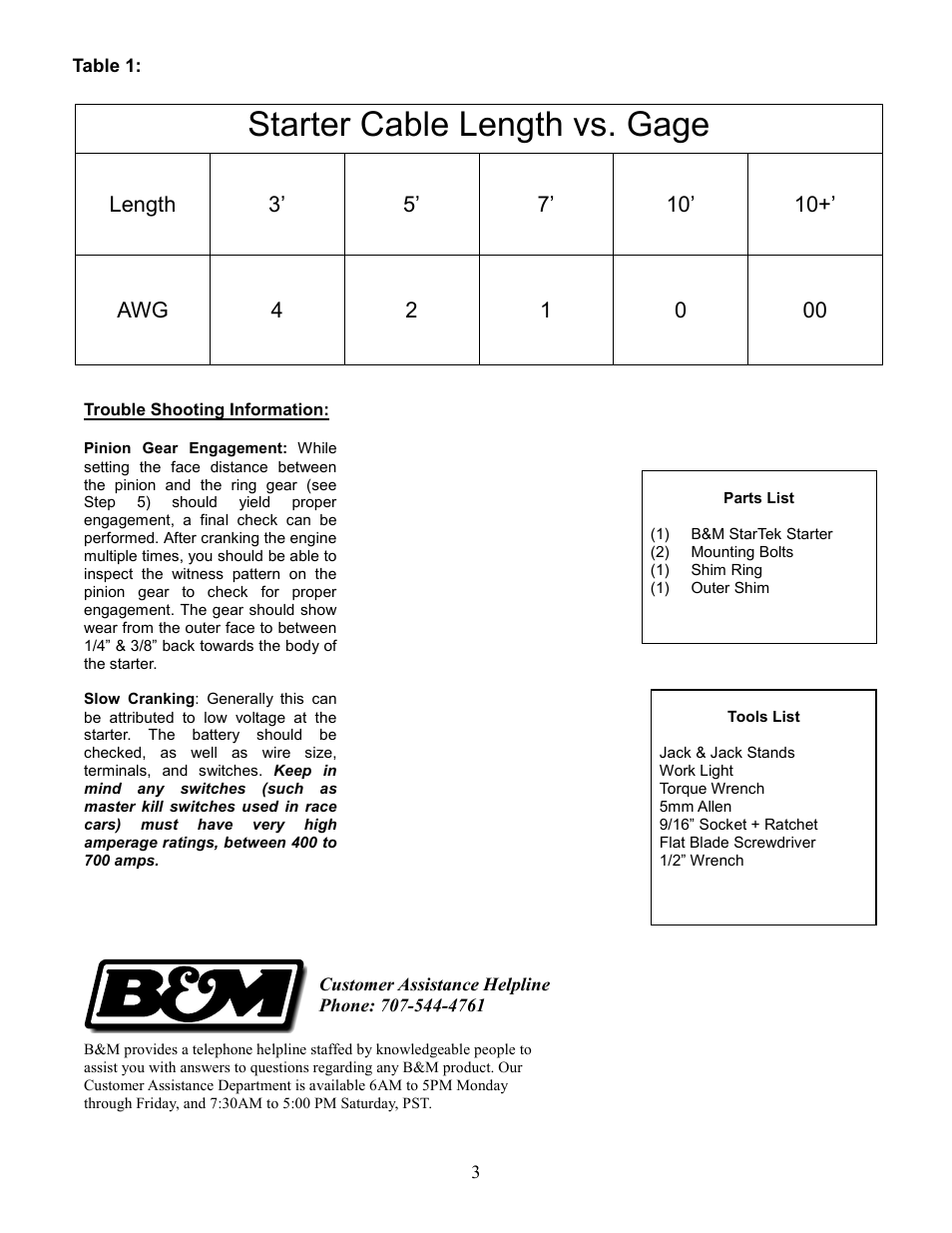 Starter cable length vs. gage | B&M 77106 STARTEK STARTER, GM, LS1 THROUGH LS7, NOT GTO User Manual | Page 3 / 3