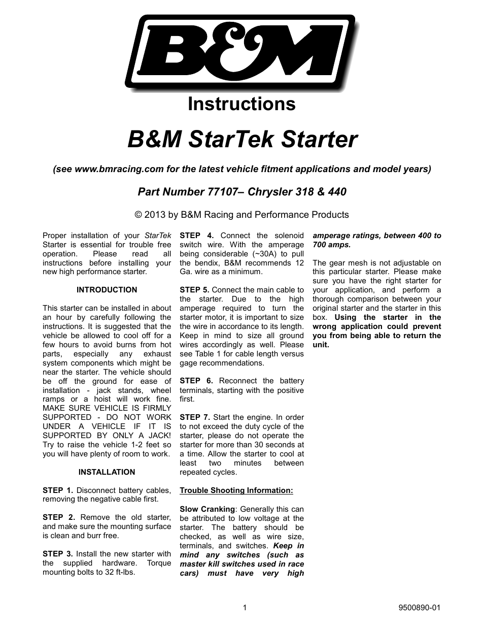B&M 77107 Starter, Chrysler, Dodge, Plymouth, Engine Range 318 - 440 User Manual | 2 pages