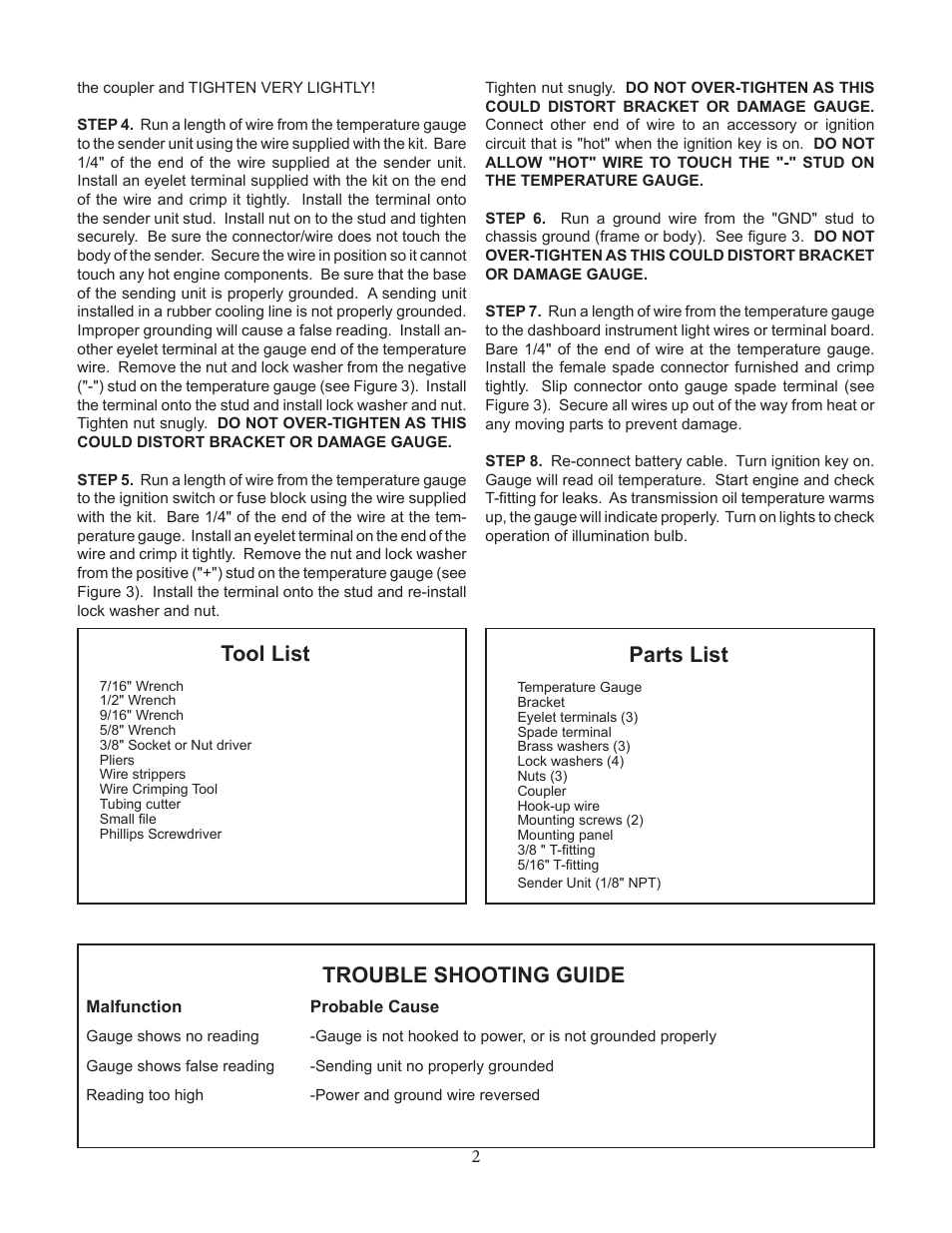 Parts list, Tool list, Trouble shooting guide | B&M 80212 TRANS TEMPERATURE GAUGE User Manual | Page 2 / 3