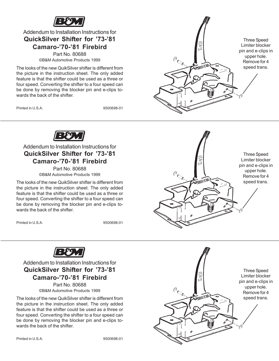 B&M 81025 CONSOLE QUICKSILVER SHIFTER FOR 1968-1969 CAMARO(AUTOMATIC TH-350 & 400) User Manual | 1 page