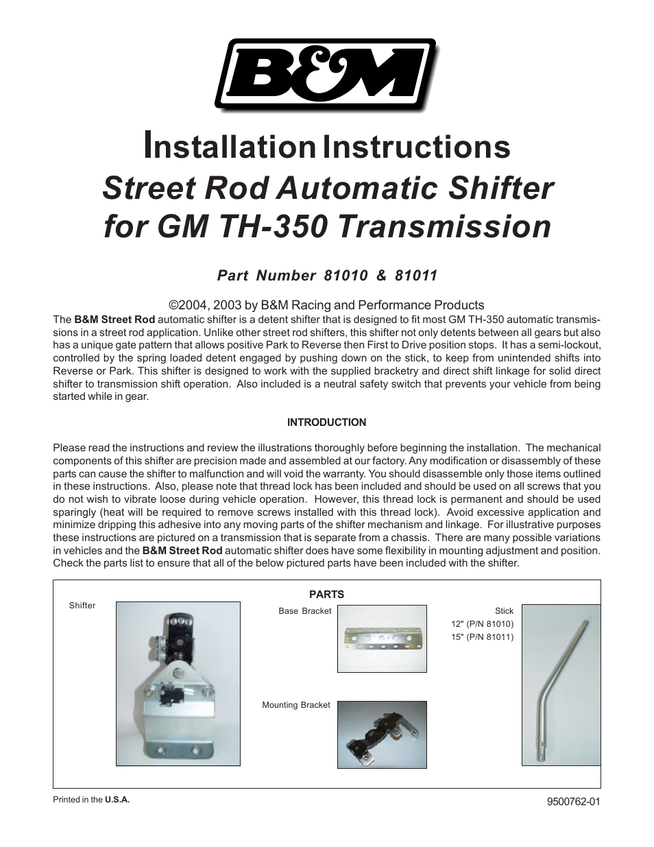 B&M 81011 MANUAL STREET ROD SHIFTER, 15 TALL STICK User Manual | 9 pages