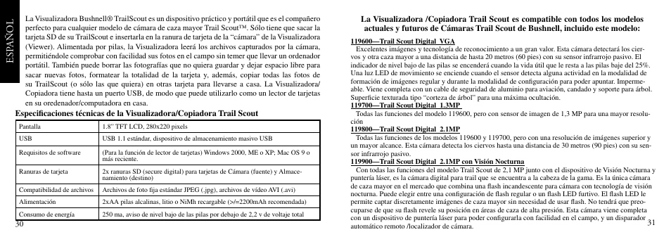 Esp añol | Bushnell TRAILSCOUT Nov-00 User Manual | Page 16 / 44