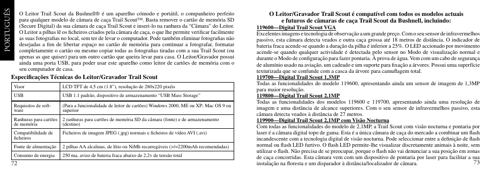 Por tuguês | Bushnell TRAILSCOUT Nov-00 User Manual | Page 37 / 44