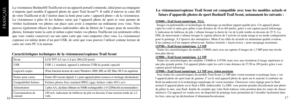 Français | Bushnell TRAILSCOUT Nov-00 User Manual | Page 9 / 44