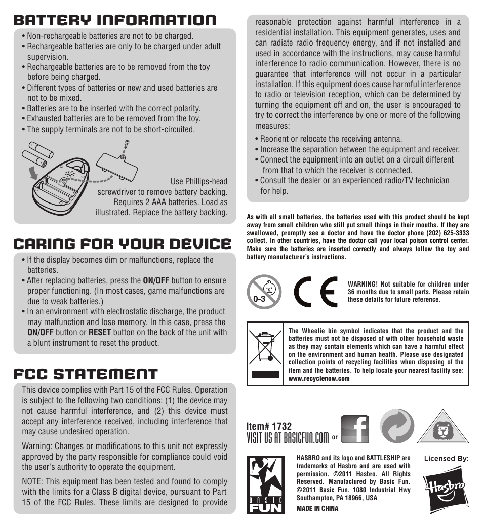 Battery information, Fcc statement, Caring for your device | Basic Fun Battleship User Manual | Page 2 / 2