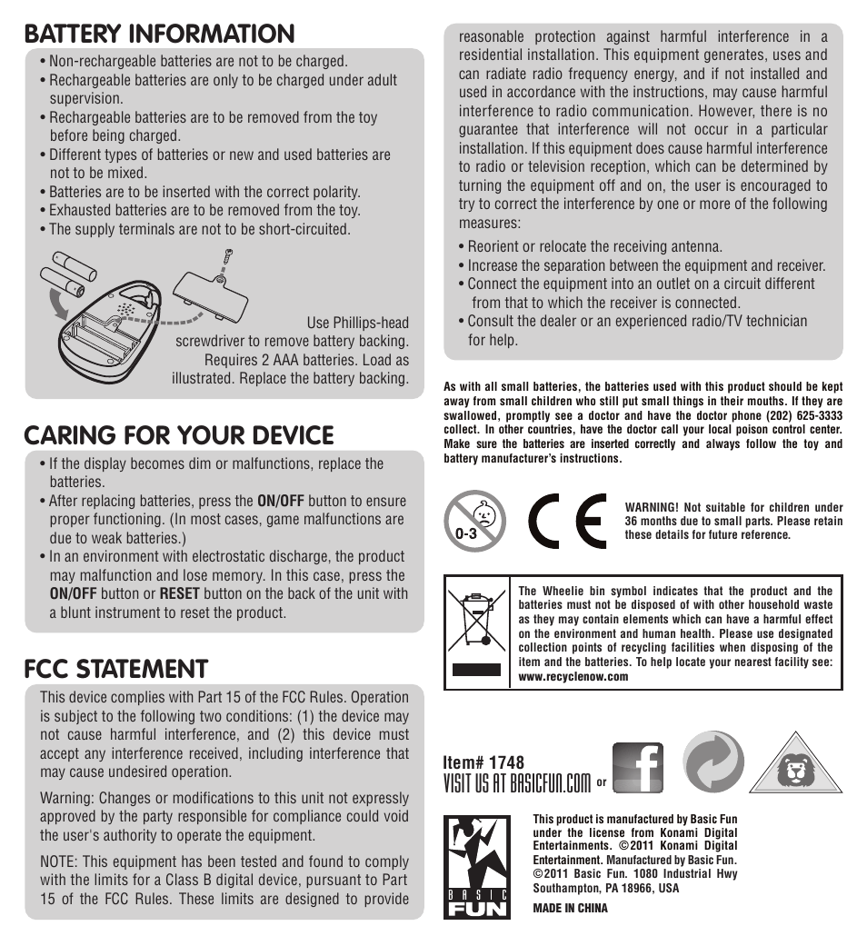 Battery information, Fcc statement, Caring for your device | Basic Fun Frogger User Manual | Page 2 / 2
