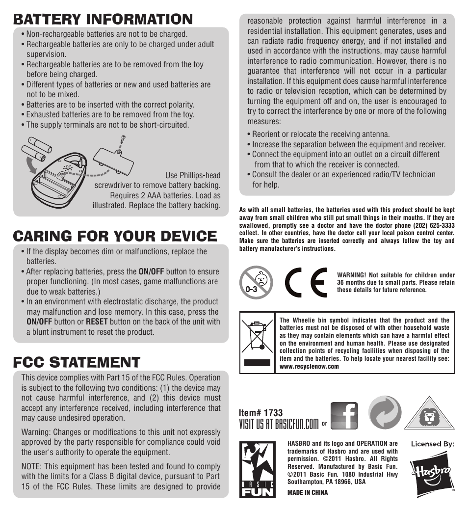 Battery information, Fcc statement, Caring for your device | Basic Fun Operation User Manual | Page 2 / 2