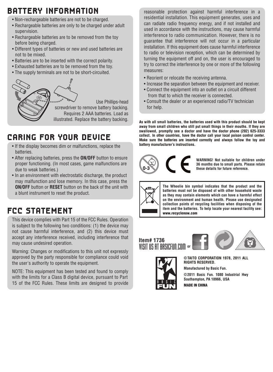 Battery information, Fcc statement, Caring for your device | Basic Fun Space Invaders User Manual | Page 2 / 2