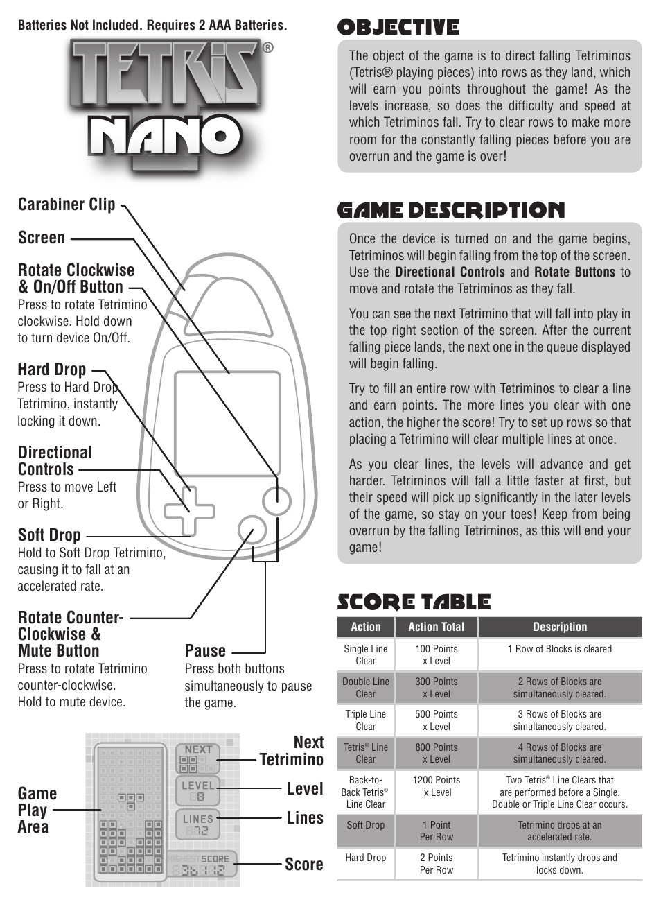 Basic Fun Tetris User Manual | 2 pages