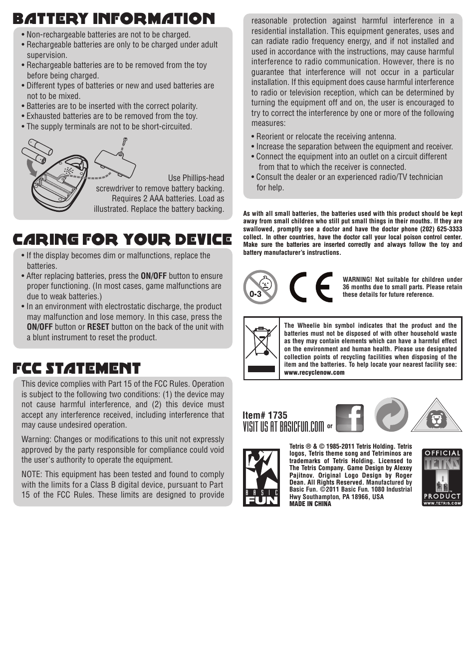 Battery information, Fcc statement, Caring for your device | Item# 1735 | Basic Fun Tetris User Manual | Page 2 / 2