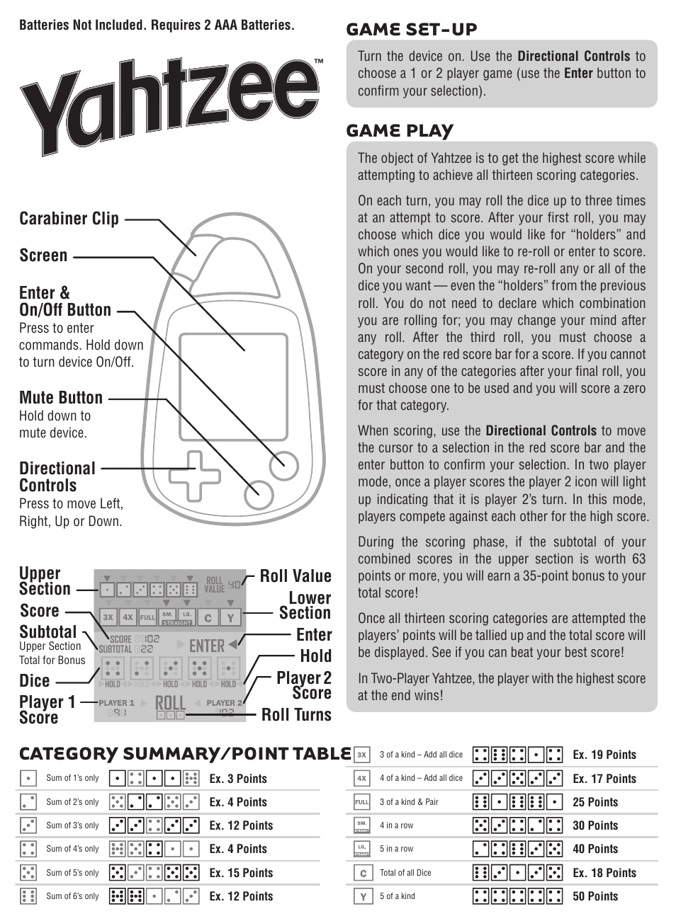 Basic Fun Yathzee User Manual | 2 pages