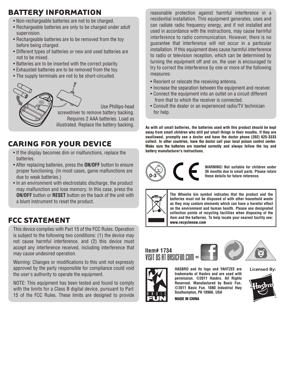 Battery information, Fcc statement, Caring for your device | Basic Fun Yathzee User Manual | Page 2 / 2