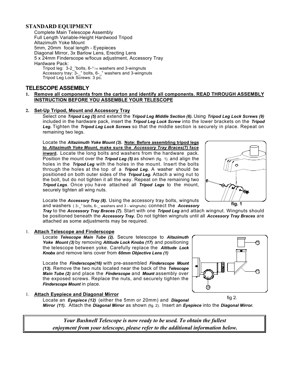 Standard equipment, Telescope assembly | Bushnell 78-9512 User Manual | Page 2 / 4