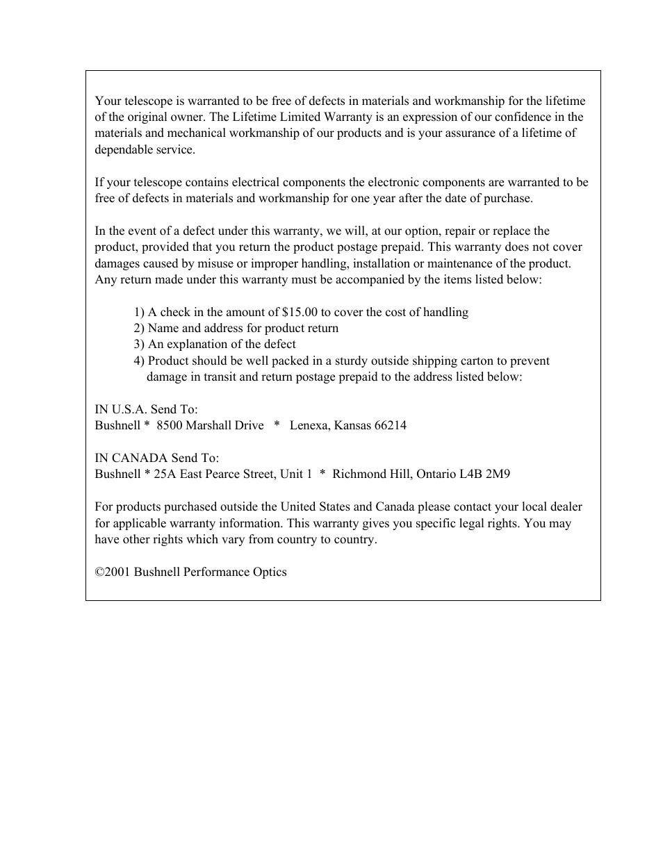 Telescope lifetime limited warranty | Bushnell 78-9512 User Manual | Page 4 / 4