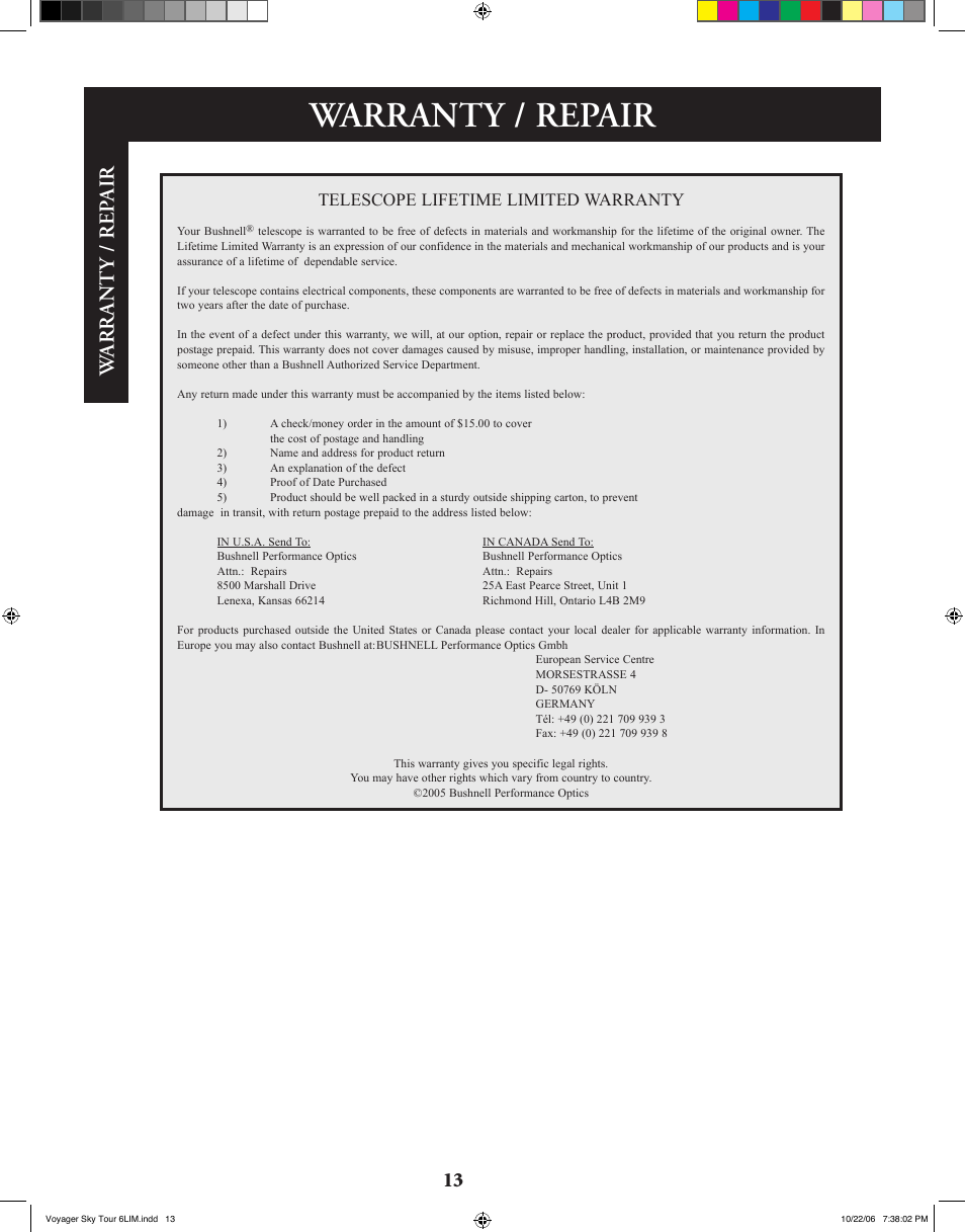 Warranty / repair, Wa rr an t y / rep a ir, Telescope lifetime limited warranty | Bushnell 78-9960 User Manual | Page 13 / 74