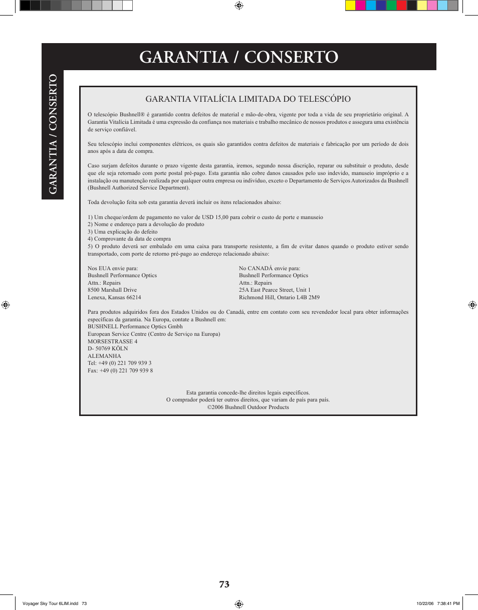 Garantia / conserto, Ga r an ti a / co n ser t o | Bushnell 78-9960 User Manual | Page 73 / 74