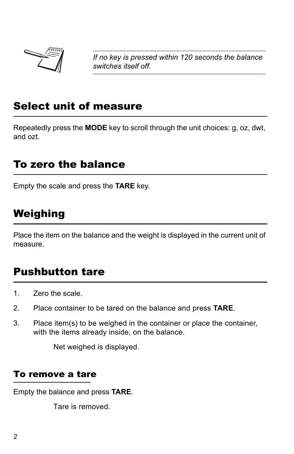 Select unit of measure, To zero the balance, Weighing | Pushbutton tare, To remove a tare | Salter Brecknell PB500 User Manual | Page 2 / 4
