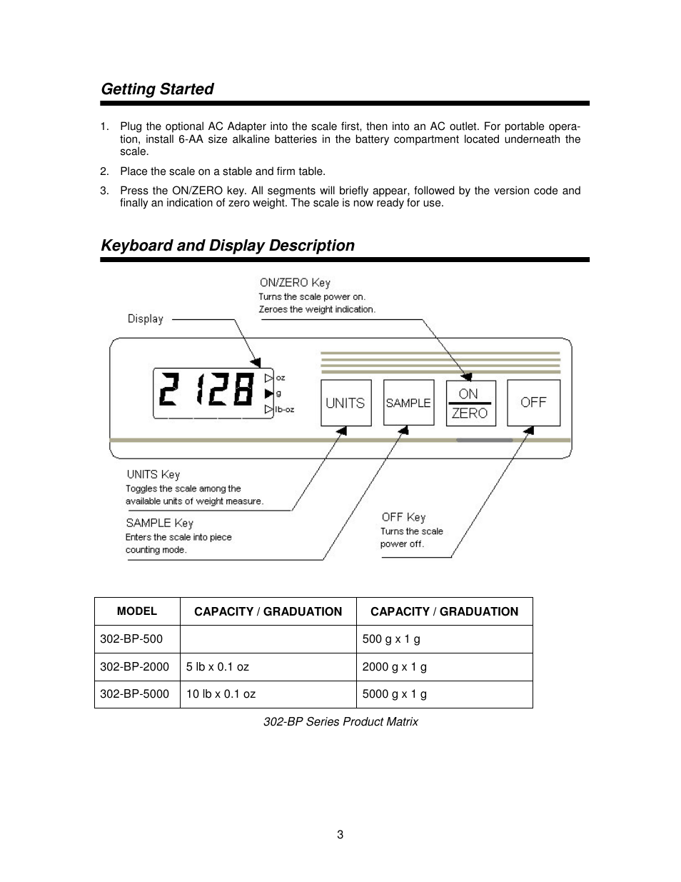 Getting started, Keyboard and display description | Salter Brecknell 302BP User Manual | Page 3 / 6