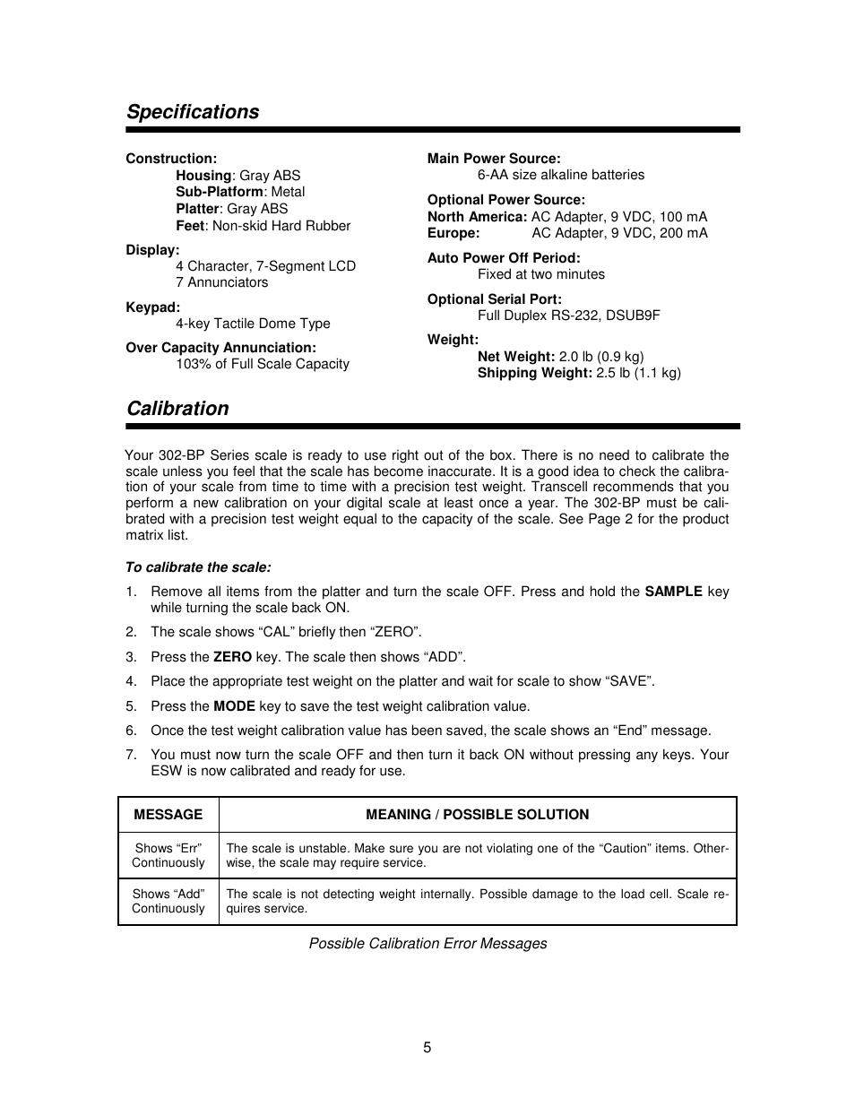 Specifications, Calibration | Salter Brecknell 302BP User Manual | Page 5 / 6