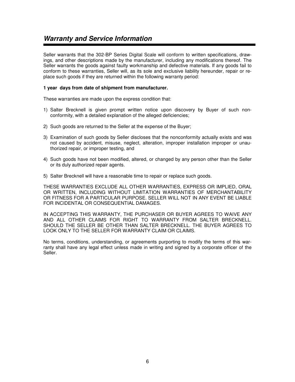 Warranty and service information | Salter Brecknell 302BP User Manual | Page 6 / 6