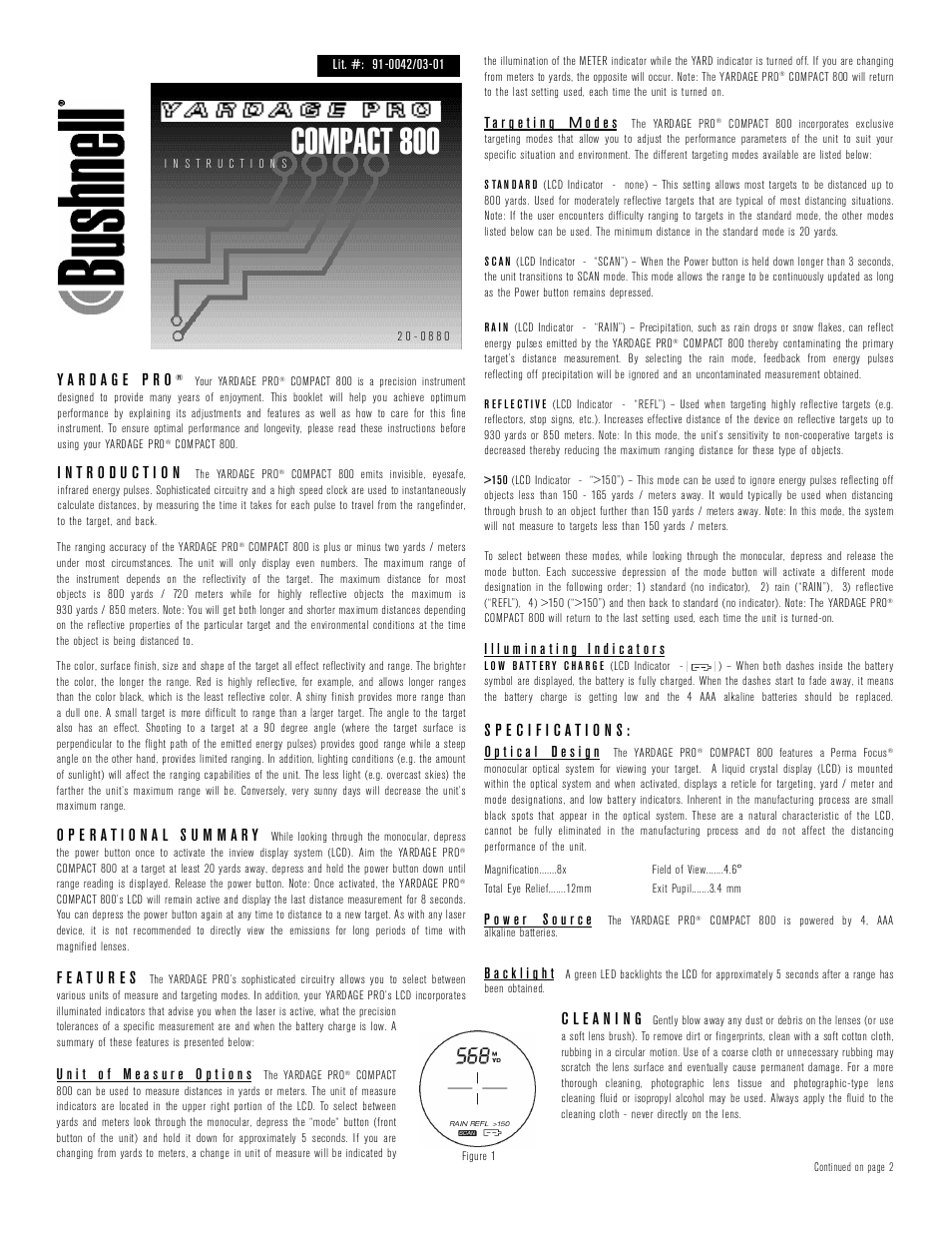 Bushnell COMPACT 800 User Manual | 2 pages