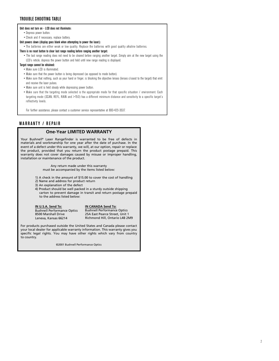 Trouble shooting table, One-year limited warranty | Bushnell COMPACT 800 User Manual | Page 2 / 2