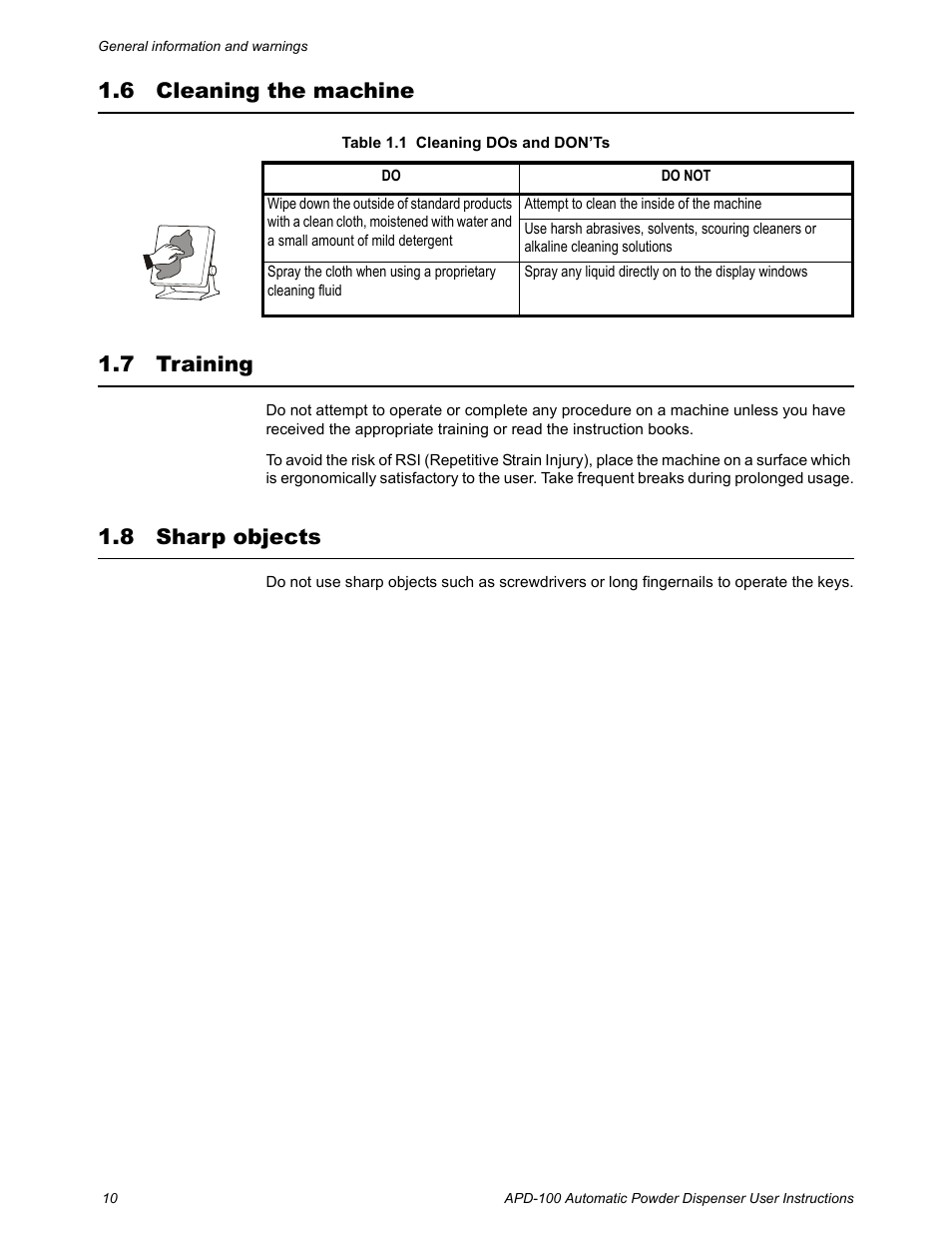 6 cleaning the machine, 7 training, 8 sharp objects | Cleaning the machine training sharp objects, 6 cleaning the machine 1.7 training | Salter Brecknell APD-100 User Manual | Page 10 / 36