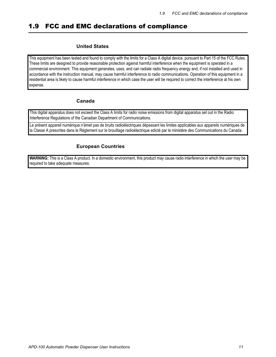 9 fcc and emc declarations of compliance, Fcc and emc declarations of compliance | Salter Brecknell APD-100 User Manual | Page 11 / 36