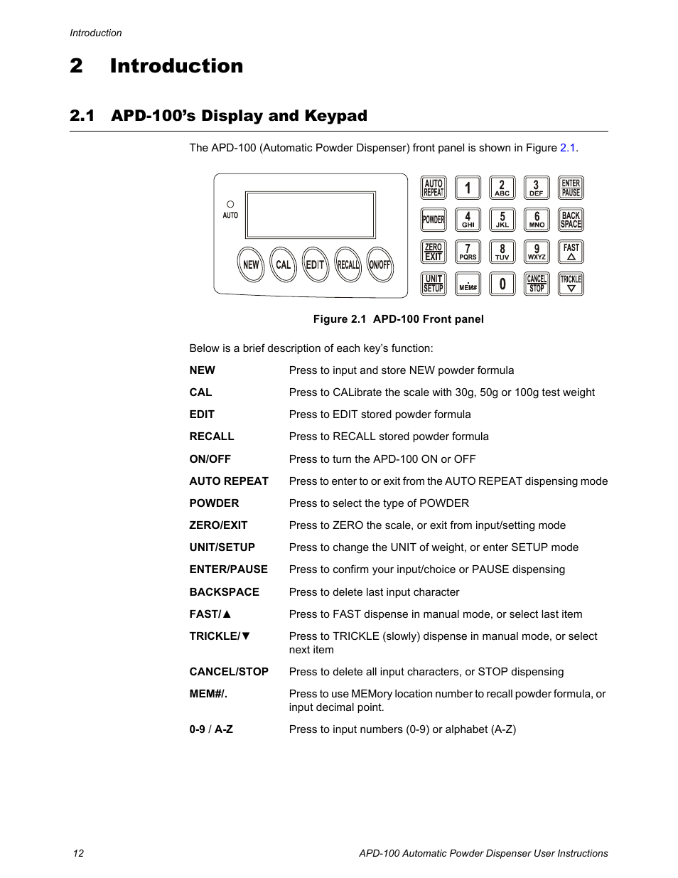 2 introduction, 1 apd-100’s display and keypad, Chapter 2 introduction | Apd-100’s display and keypad | Salter Brecknell APD-100 User Manual | Page 12 / 36
