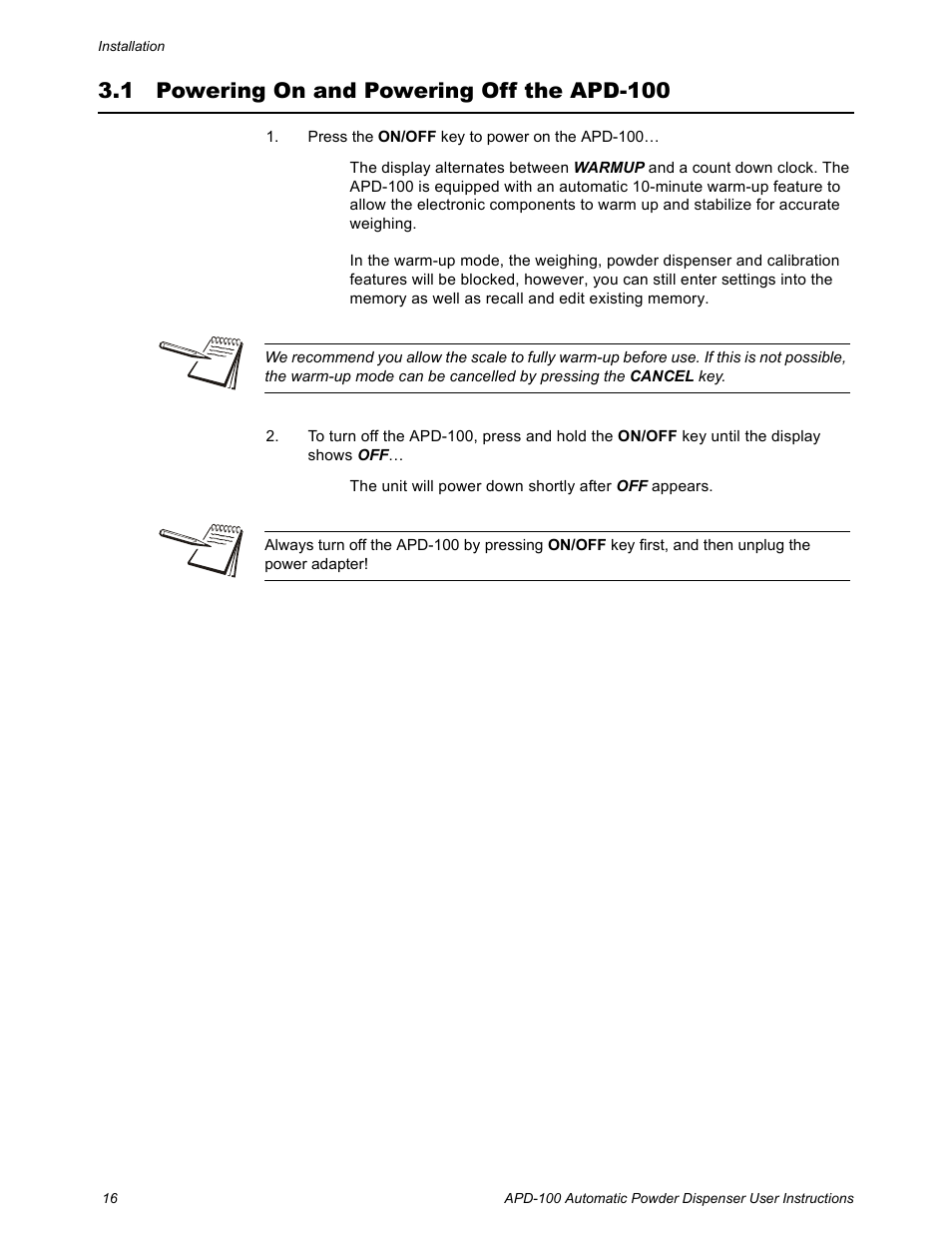 1 powering on and powering off the apd-100, Powering on and powering off the apd-100 | Salter Brecknell APD-100 User Manual | Page 16 / 36