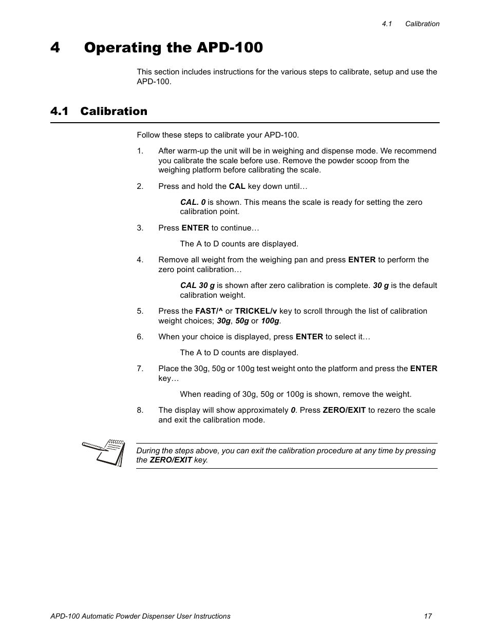 4 operating the apd-100, 1 calibration, Chapter 4 operating the apd-100 | Calibration | Salter Brecknell APD-100 User Manual | Page 17 / 36