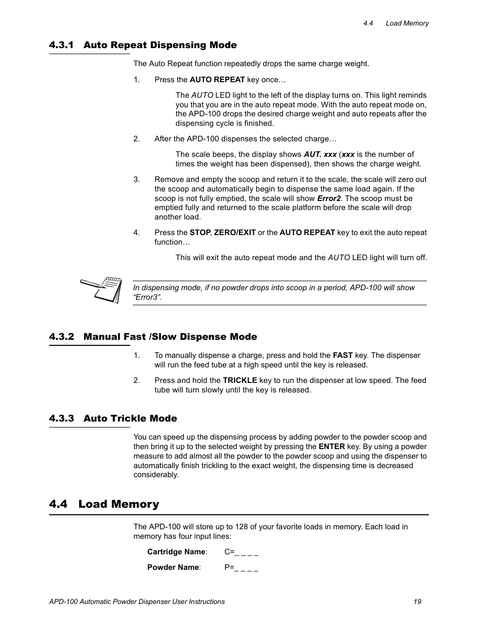 1 auto repeat dispensing mode, 2 manual fast /slow dispense mode, 3 auto trickle mode | 4 load memory, Load memory | Salter Brecknell APD-100 User Manual | Page 19 / 36