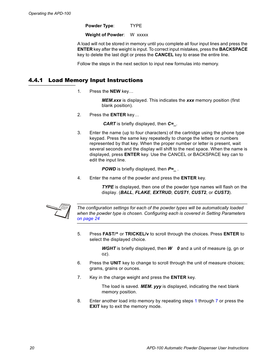 1 load memory input instructions, Load memory input instructions | Salter Brecknell APD-100 User Manual | Page 20 / 36
