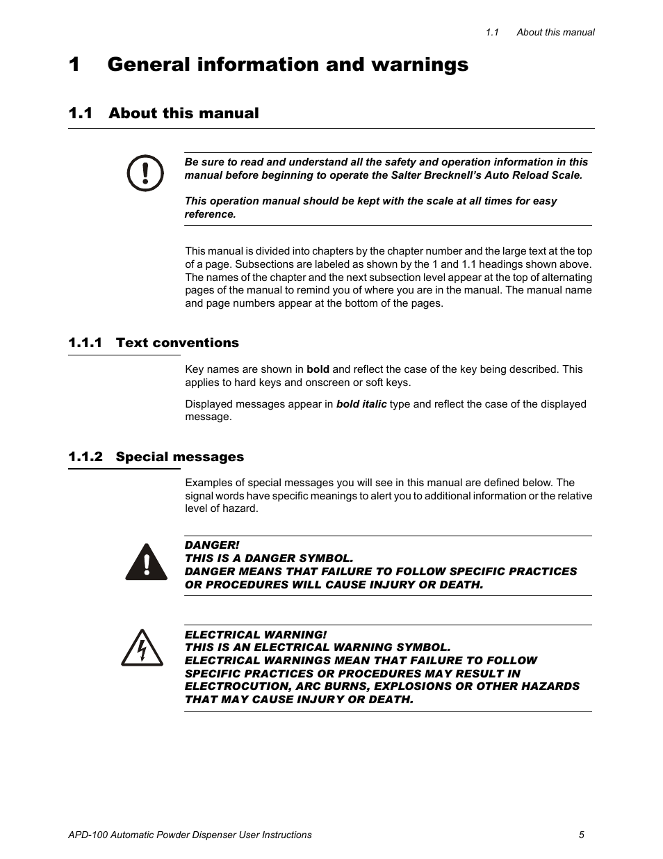 1 general information and warnings, 1 about this manual, 1 text conventions | 2 special messages, Chapter 1 general information and warnings, About this manual, Text conventions special messages | Salter Brecknell APD-100 User Manual | Page 5 / 36