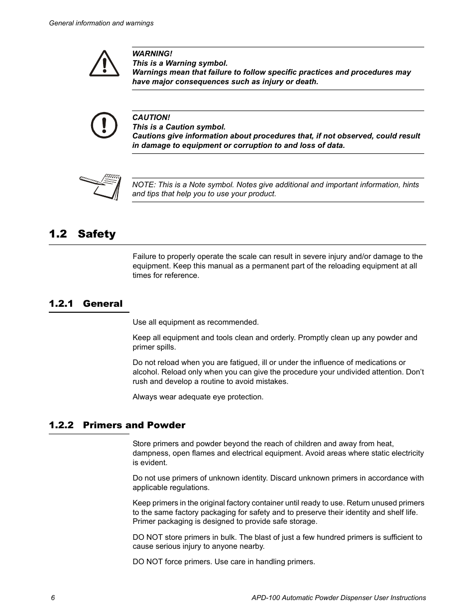 2 safety, 1 general, 2 primers and powder | Safety, General primers and powder | Salter Brecknell APD-100 User Manual | Page 6 / 36