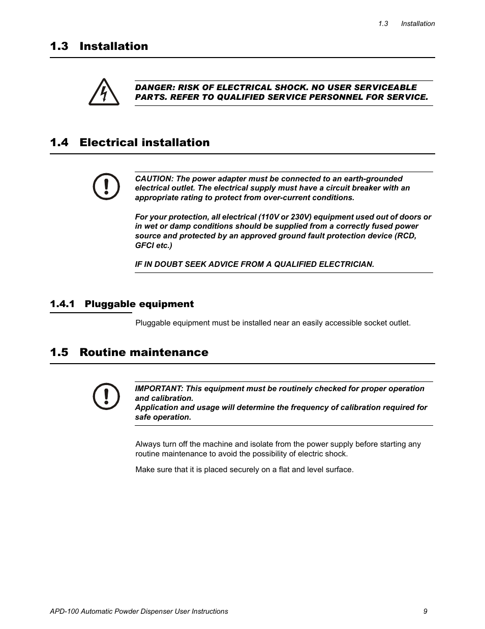 3 installation, 4 electrical installation, 1 pluggable equipment | 5 routine maintenance, Installation electrical installation, Pluggable equipment, Routine maintenance, 3 installation 1.4 electrical installation | Salter Brecknell APD-100 User Manual | Page 9 / 36