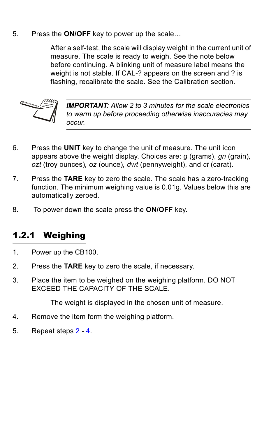 1 weighing | Salter Brecknell CB100 User Manual | Page 4 / 8