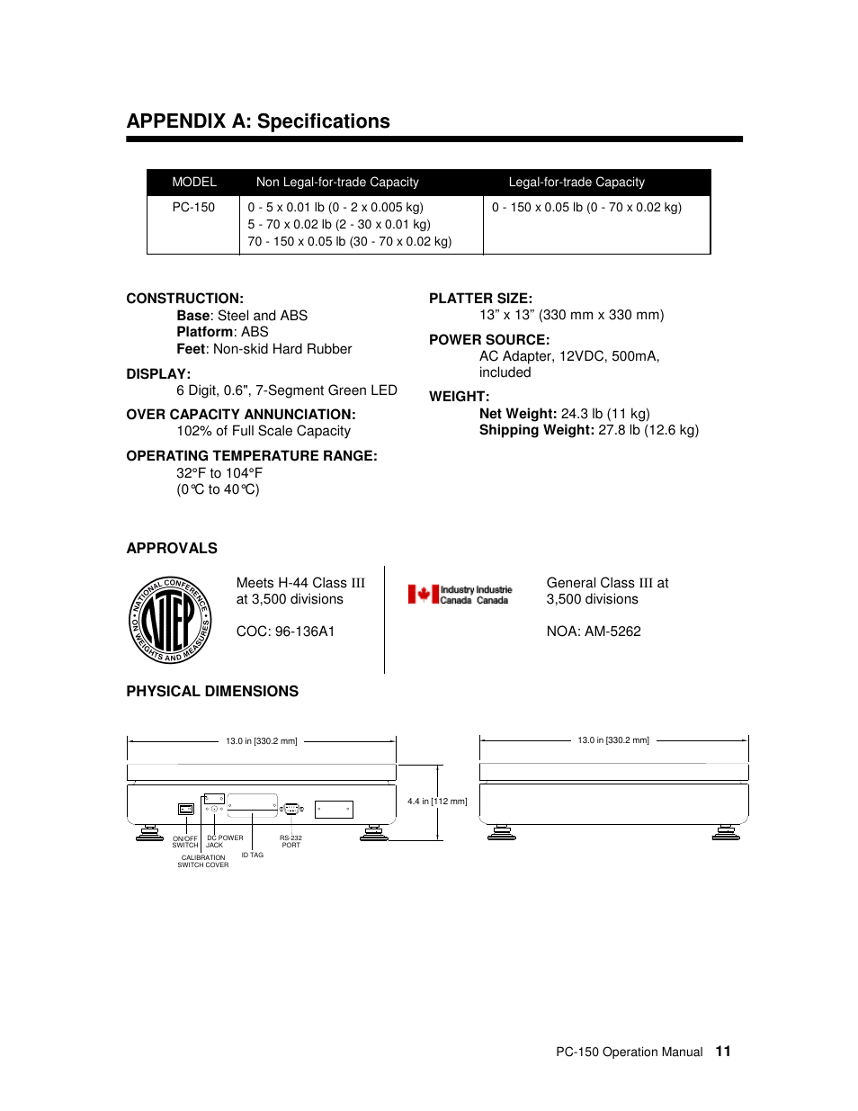 Appendix a: specifications | Salter Brecknell PC150 User Manual | Page 11 / 13