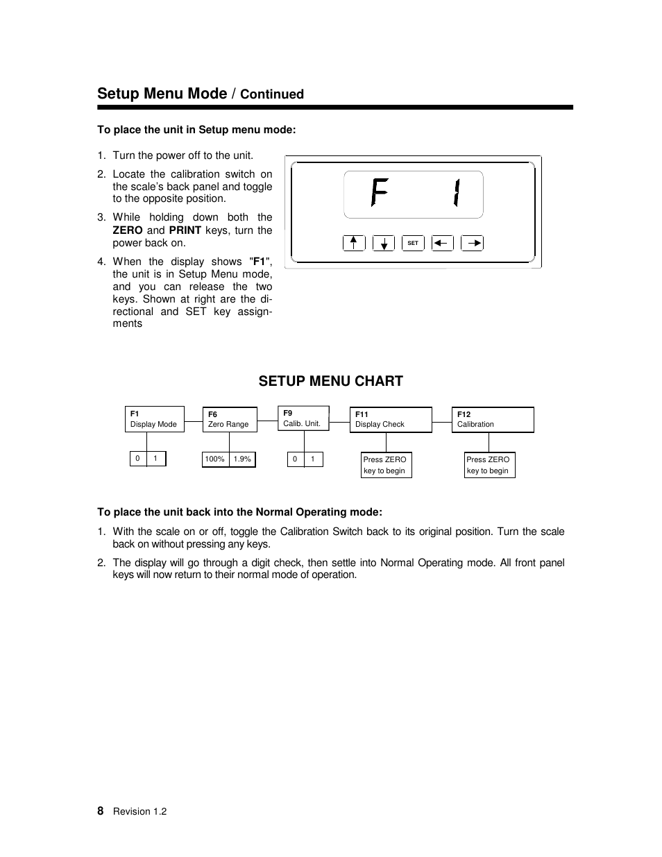 Setup menu mode, Setup menu chart, Continued | Salter Brecknell PC150 User Manual | Page 8 / 13