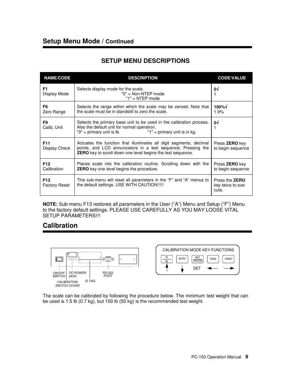 Setup menu mode, Calibration, Setup menu descriptions | Continued | Salter Brecknell PC150 User Manual | Page 9 / 13