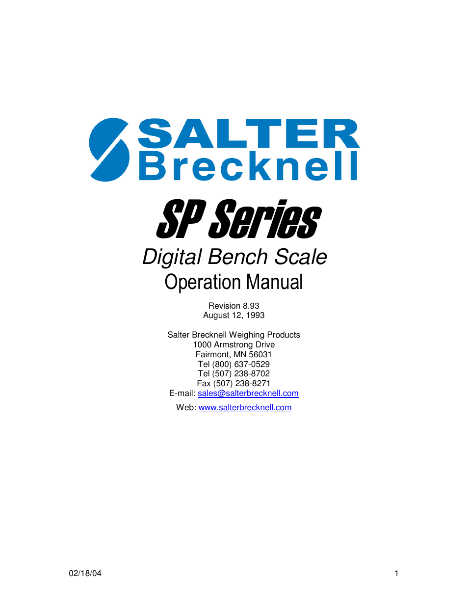 Salter Brecknell SP100 User Manual | 9 pages