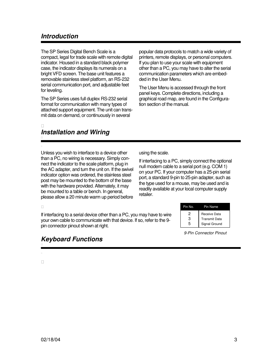 Introduction, Installation and wiring, Keyboard functions | Salter Brecknell SP100 User Manual | Page 3 / 9