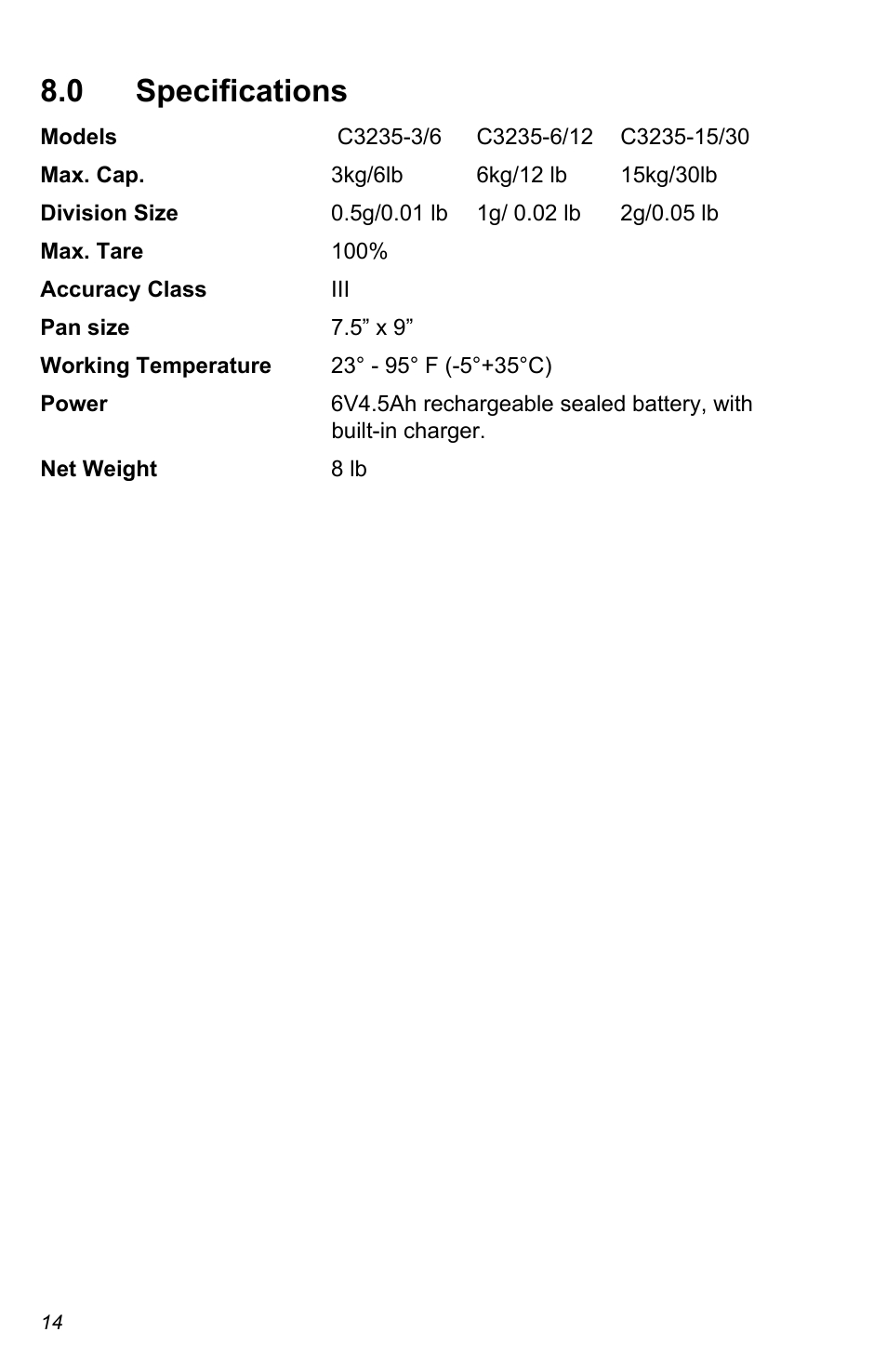 0 specifications | Salter Brecknell C3235 User Manual | Page 14 / 16