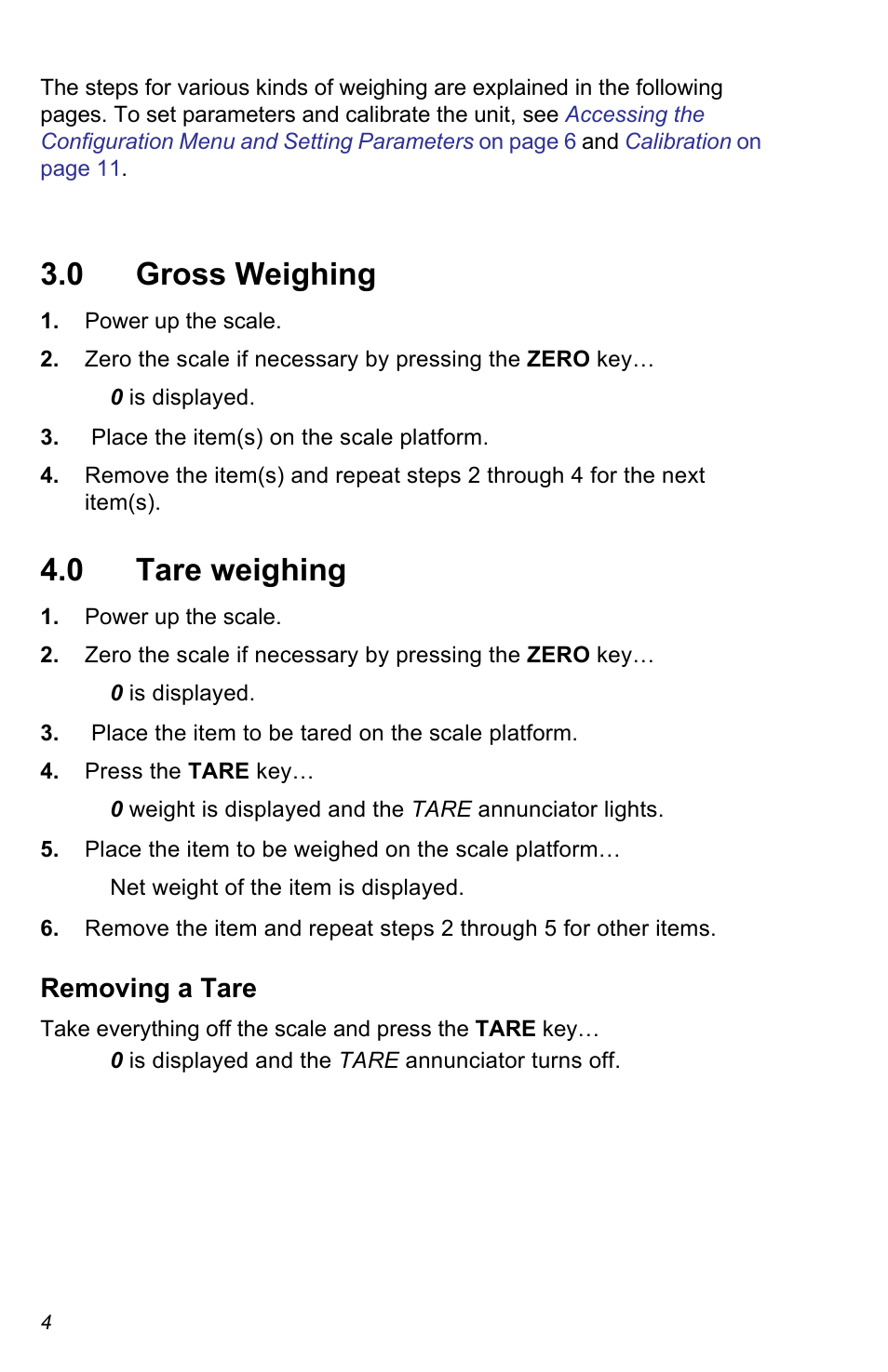 0 gross weighing, 0 tare weighing, Removing a tare | Salter Brecknell C3235 User Manual | Page 4 / 16