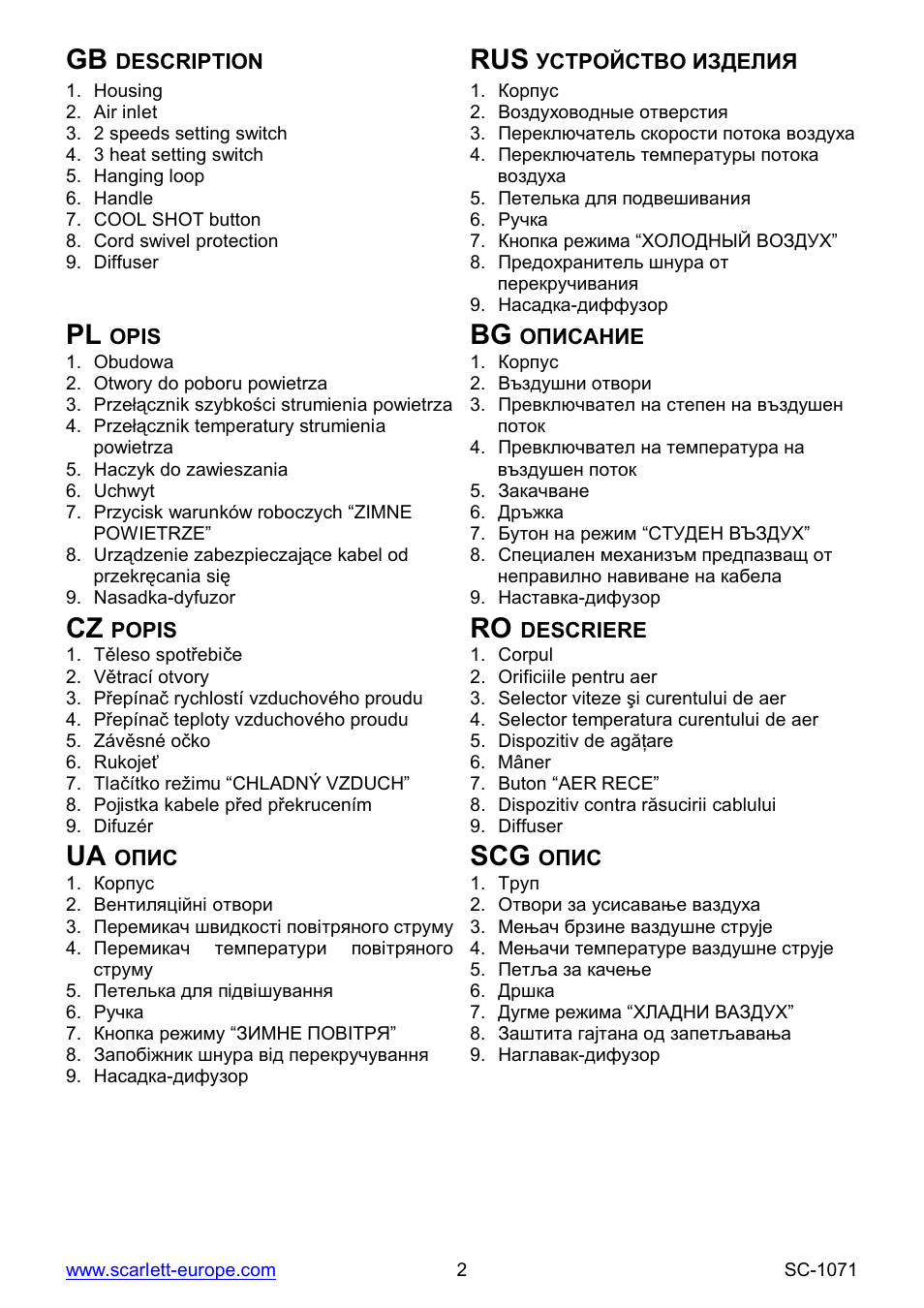 Ua scg | Scarlett SC-1071 User Manual | Page 2 / 21