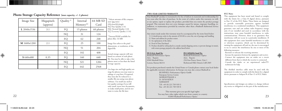 Photo storage capacity reference | Bushnell 11-8323 User Manual | Page 12 / 73