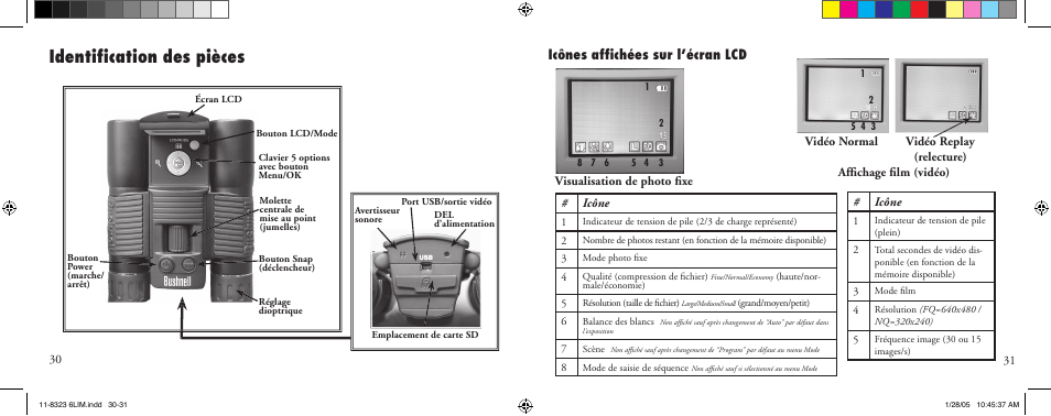 Identiﬁ cation des pièces, Icônes afﬁ chées sur l’écran lcd | Bushnell 11-8323 User Manual | Page 16 / 73