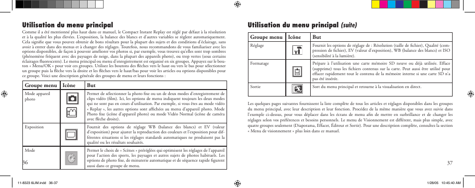 Utilisation du menu principal, Utilisation du menu principal (suite) | Bushnell 11-8323 User Manual | Page 19 / 73