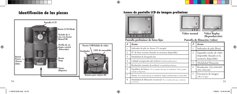 Identiﬁ cación de las piezas, Iconos de pantalla lcd de imagen preliminar | Bushnell 11-8323 User Manual | Page 28 / 73